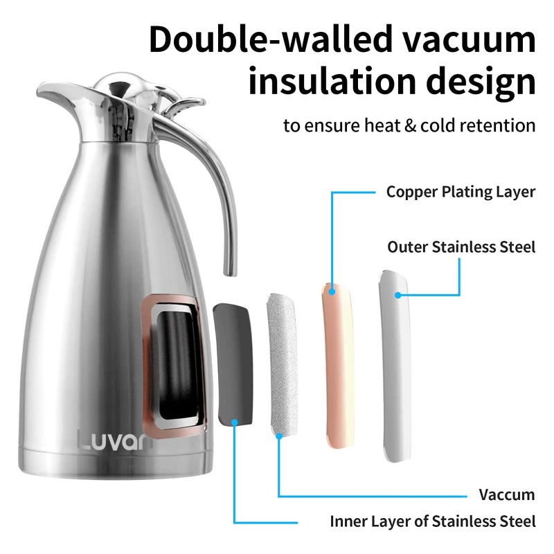 Luvan لُوفان 2.0 لتر 68 أونصة إبريق حراري من الفولاذ المقاوم للصدأ 304 مناسب للطعام/ مزدوج الجدران معزول بالفراغ مع غطاء زر ضغط، يحتفظ بالحرارة والبرودة لأكثر من 12 ساعة، خالي من BPA، للقهوة، الشاي، المشروبات وغيرها - Image 3